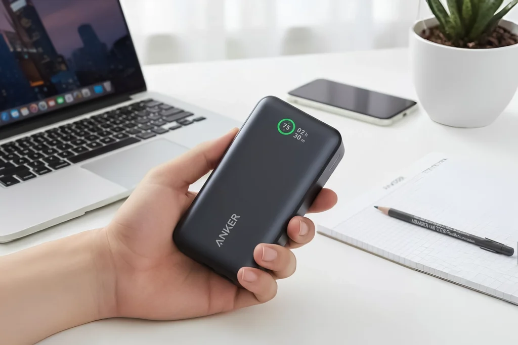پاوربانک Anker در دست، در پس‌زمینه یک لپ‌تاپ MacBook و لوازم جانبی اداری.