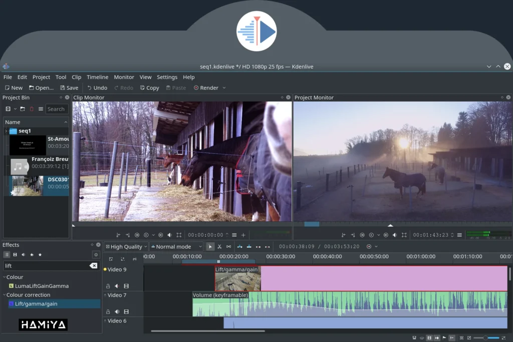 محیط کار Kdenlive برای ادیت ویدیو