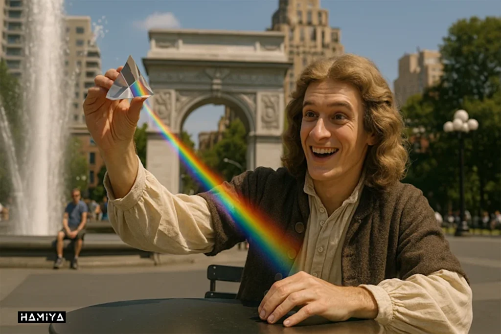 Isaac Newton and his prism experiment in gpt 4o image generator