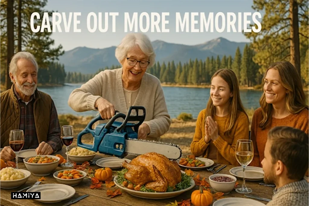 a grandma carving a turkey with cainsaw in gpt 4o image generator