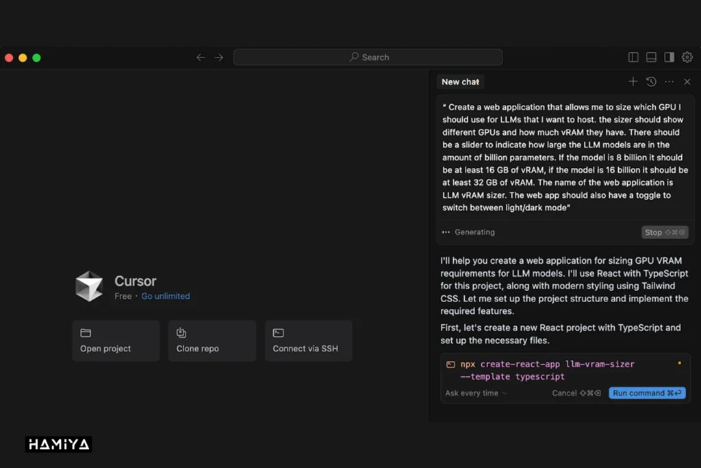 ابرازهای کد نویسی با هوش مصنوعی (Cursor AI) میتوانند کد یک برنامه وب را بر اساس دستور کاربر بنویسند.