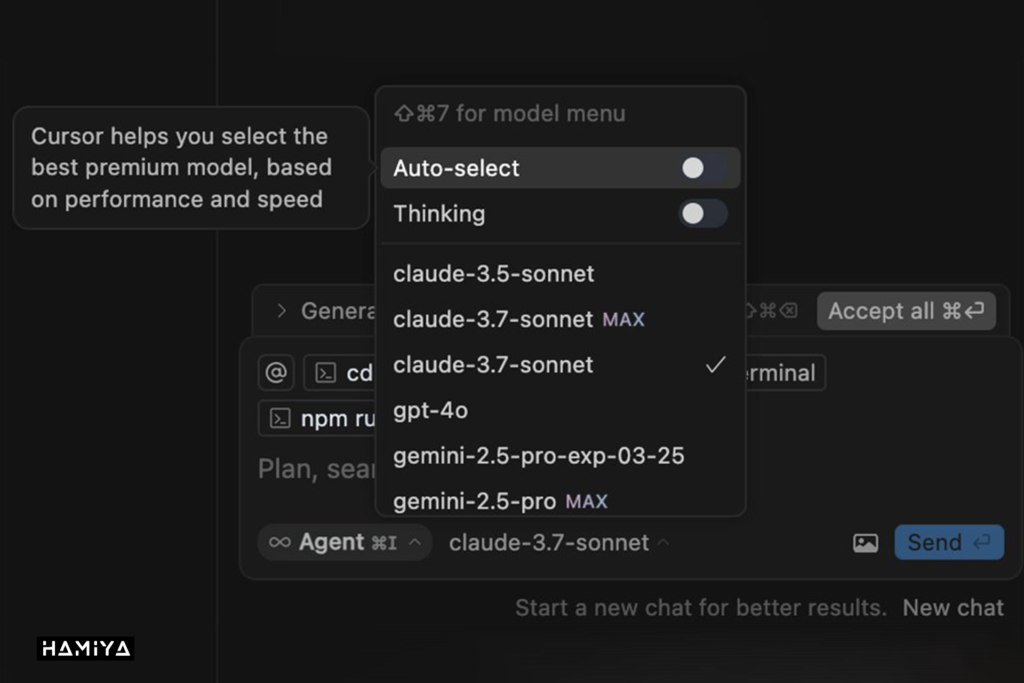 ابراز Cursor AI گزینههای مختلفی از مدلهای زبانی را ارائه میدهد.